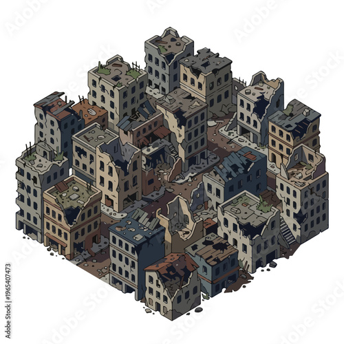 vector isometric of badly damaged buildings after the war 6