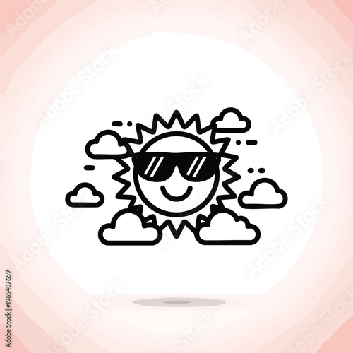 A smiling sun icon wearing sunglasses surrounded by stylized clouds, set against a pink-toned watercolor background. The icon is monochromatic