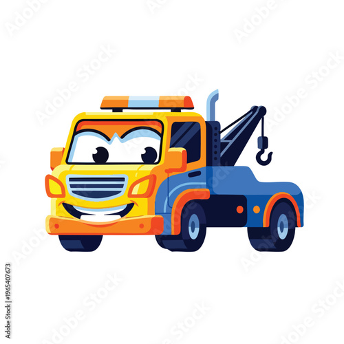 Cute cartoon towing truck vector with cheerful smiling face yellow tow truck and blue flatbed ready for roadside assistance