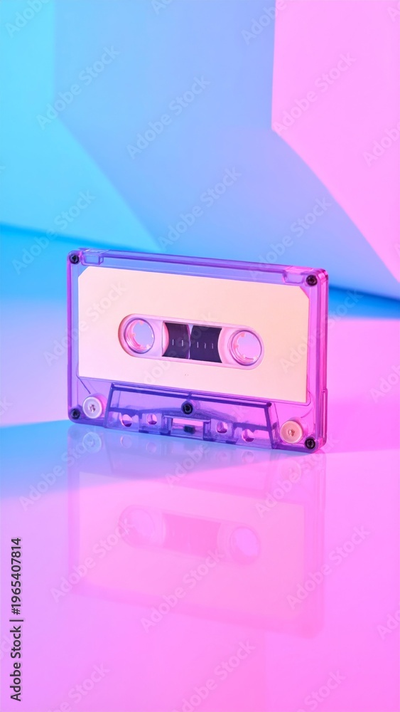 Fototapeta premium Translucent Cassette Tape Lit with Neon Blue and Pink Lights Against Corner