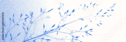 Stipple overlay texture background with blade of grass, cereal spikelet silhouette and cyanotype effect. Vector graphic retro aesthetic print.