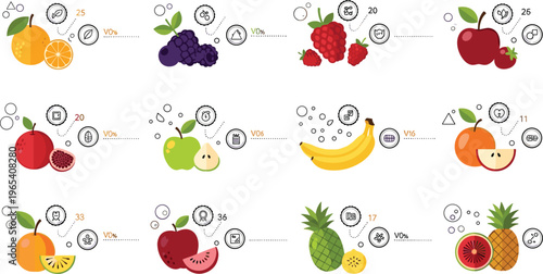 Fruit Icons Set with Bubble Effect for Web and Mobile Applications, Including Apple, Banana, Orange, Pineapple, and More, Ideal for Health and Nutrition 