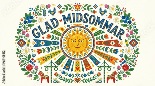 Scandinavian midsummer celebrations, with radiant rays extending outward from a central circular emblem, surrounded by floral ornaments and folk patterns, bold Swedish lettering “Glad Midsommar”