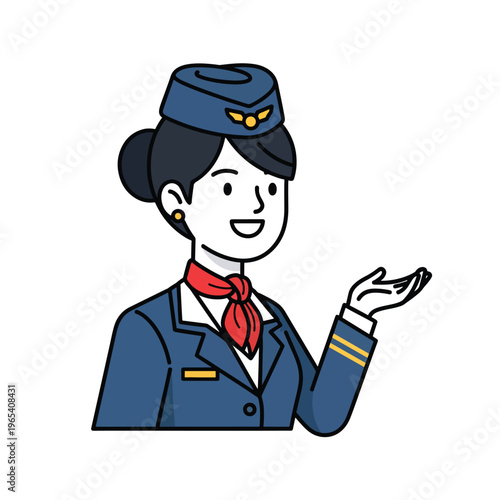 A smiling woman with bun, blue uniform, red scarf, and a hat with gold wings, gestures with her hand on a white background