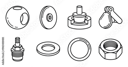 Precision plumbing hardware components and metal spare parts icons for professional repair and fixing