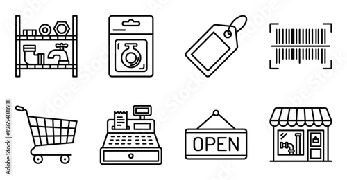Retail store icons set for shopping and business concepts including cart tag barcode and cash register