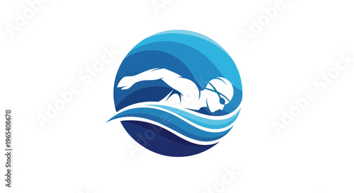 Swimmer Silhouette in Blue Waves Logo
