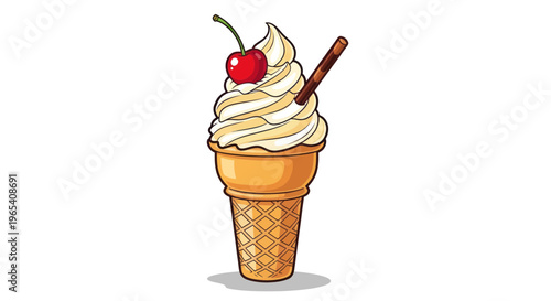 Vanilla soft serve ice cream cone with cherry and chocolate stick, isolated on white