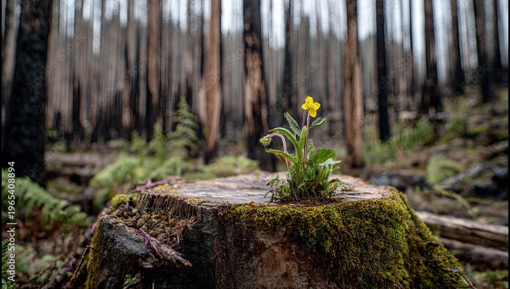 Obraz premium Small yellow flower sprouts from a mossy tree stump in a burnt forest