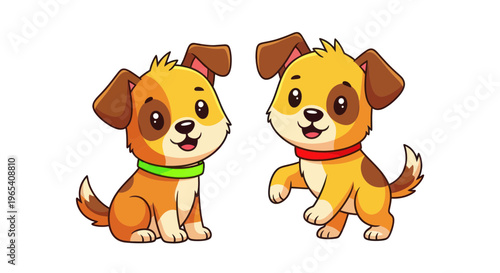 Cute cartoon puppies playing together, isolated on white background