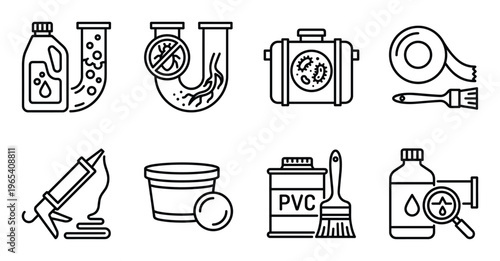 Sanitary maintenance chemicals and pipe cleaning supplies icons for drainage system care and sealing