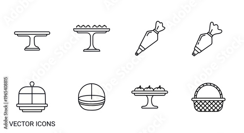 Dessert & Baking Icon Set: Cakes, Pastries, Piping Bags, Baskets