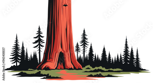 Giant Sequoia Tree with Forest Silhouette and Reddish Creek Bed