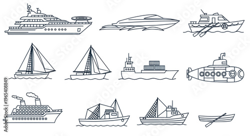 Hand-drawn collection of various boats and ships, sketch style, white background