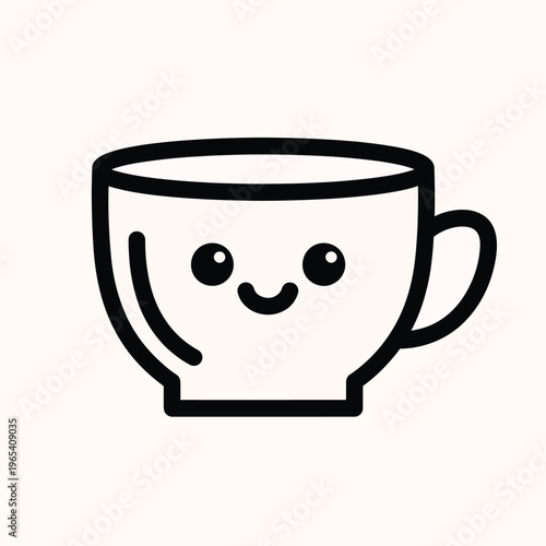 A smiling, cartoon teacup with two eyes and a curved mouth. The cup features a handle and is filled with an undefined substance