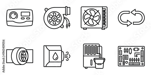 Set of 8 climate control related line icons representing various heating and cooling devices