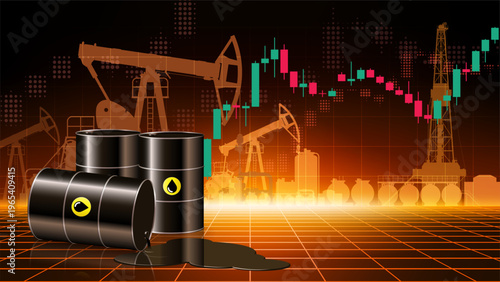 Chart of oil price growth per barrel. Crude oil barrels on dark abstract desert background. Analysis of the growth global energy markets. World market review. Investment strategies. Vector