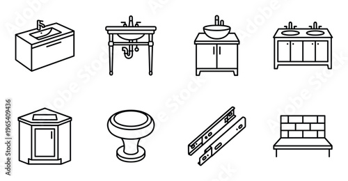 Set of bathroom vanity cabinets and fixtures on transparent background vector line art