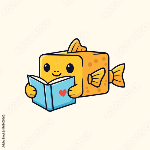 A smiling, yellow, cube-shaped creature with fins is reading a book with a heart on it. The background is a soft beige