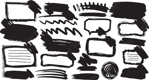 School board, children's doodles and scribble in hand drawn style. Graphic box - arrows, highlighters, underline, round, stars, alphabet, doodles. Scribble drawn with felt-tip pen