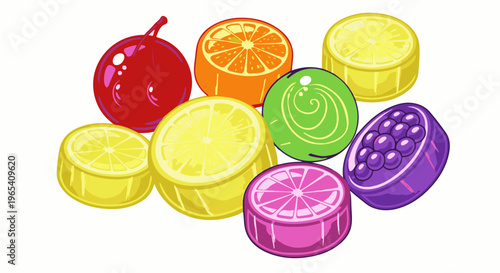Colorful fruit-shaped hard candies scattered on a white background