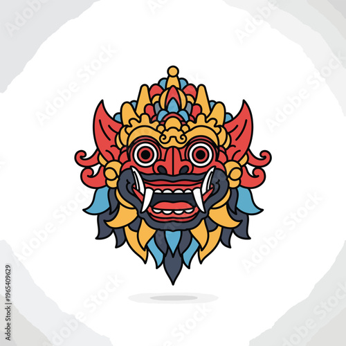 A stylized illustration of a colorful, symmetrical face mask featuring sharp teeth, large eyes, and elaborate headgear against a neutral background