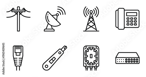 Set of communication technology icons including telephone pole satellite dish signal tower and phone