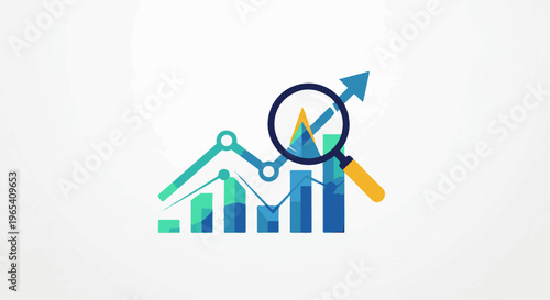 Colorful graphic showing a bar chart with a trend line and a magnifying glass