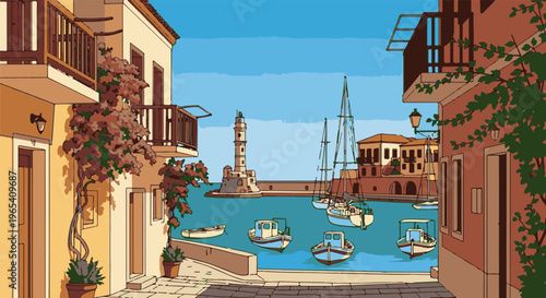 Colorful harbor scene with buildings, lighthouse, and boats