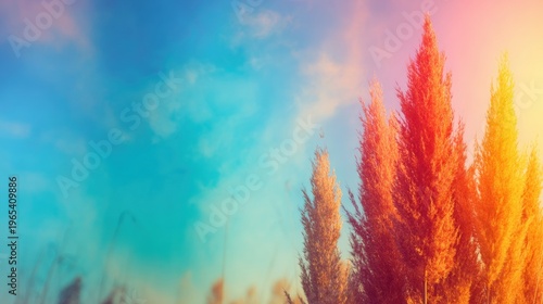 Colorful trees under a bright sky at sunset in a natural setting