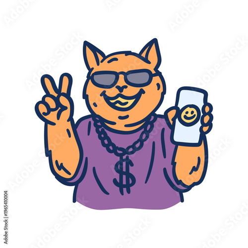 Ginger cat shows two finger gesture while holding mobile phone and smiling. Hand drawing
