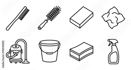 Set of eight cleaning tool and supply outline icons for household and industrial use