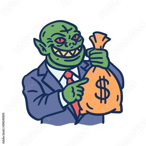 Green Goblin in business suit holding bag of money and smiling. Hand drawing