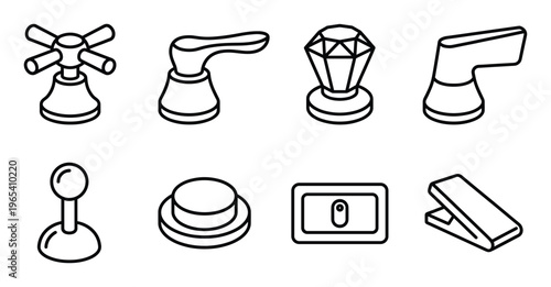 Set of eight faucet and handle icons in outline style isolated on transparent background