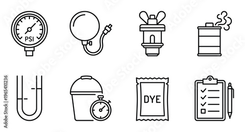 Set of eight industrial and scientific icons in outline style isolated on transparent background