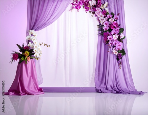 Elegant Floral Arrangement with Purple Draping on Shiny Reflective Surface