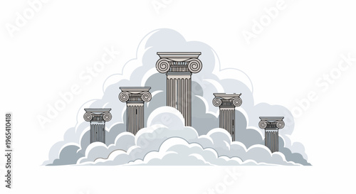 Classical columns ascend through soft, stylized clouds, suggesting grandeur