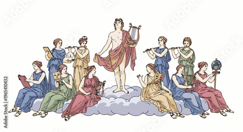 Classical figures with lyre, flutes, masks, globe, and scrolls on clouds