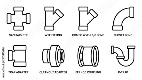 Set of eight industrial plumbing pipe fittings in outline style isolated on transparent background