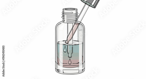 Clear glass dropper bottle with colorful liquid and falling drops