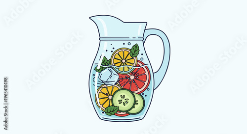 Clear pitcher of infused water with citrus slices, cucumber, and mint