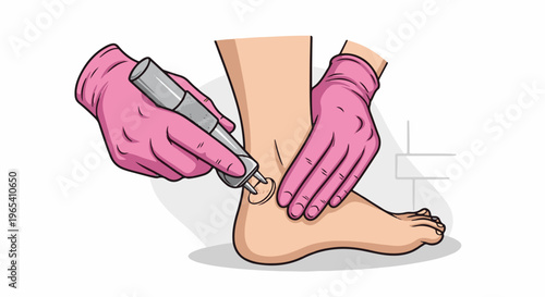 Close up of gloved hands performing a procedure on an ankle