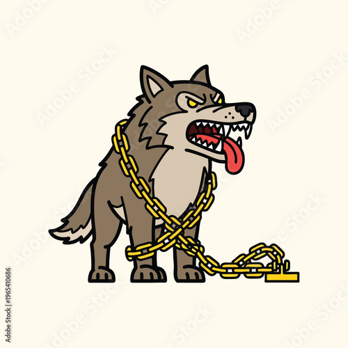 A snarling cartoon animal, restrained by a golden chain, its fangs bared with tongue out against a light background