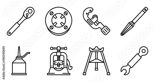 Set of eight outline icons for various plumbing hand tools and equipment for pipe work