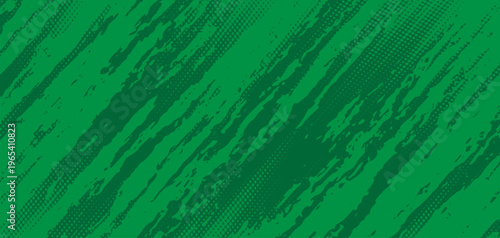 Schilderij op canvas Abstract green background with darker green diagonal paint streaks and halftone dot texture, rough grunge style