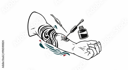 Close-up of arm with tribal tattoo being inked by two needles and ink bottle