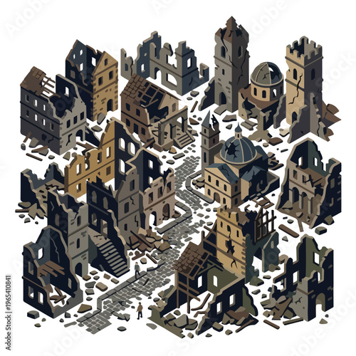 vector isometric of badly damaged buildings after the war 5