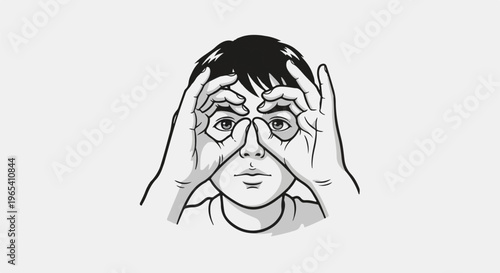 Close-up of a child looking through hands shaped like binoculars