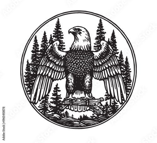 Majestic Eagle Symbolizing Freedom and Strength, with a Backdrop of Dense Pine Trees in a Circular Emblem