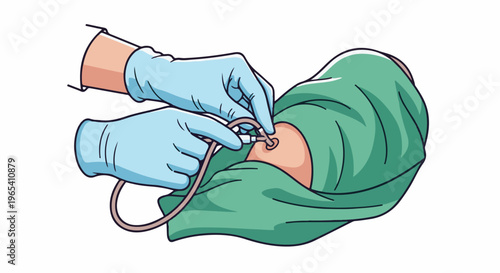 Close-up of a medical procedure with gloved hands inserting a tube